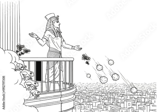 Ancient figure on balcony, frogs, falling objects over city