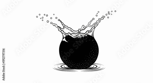 A stylized ink drawing of a dark sphere with a splash of liquid erupting