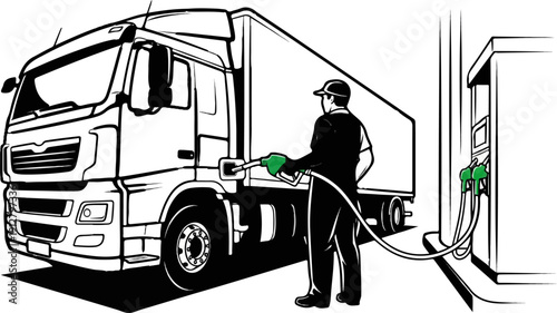 A worker fills a truck with fuel at a gas station in this illustration