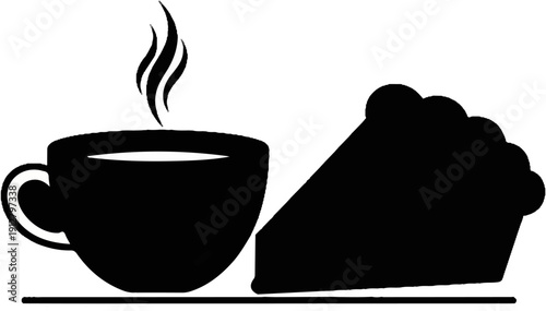 A steaming cup of coffee rests beside a slice of pie on a plate