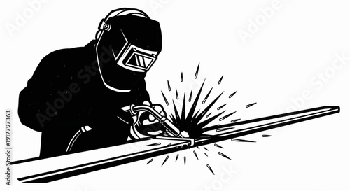 A worker in protective gear welds a metal beam, creating bright sparks