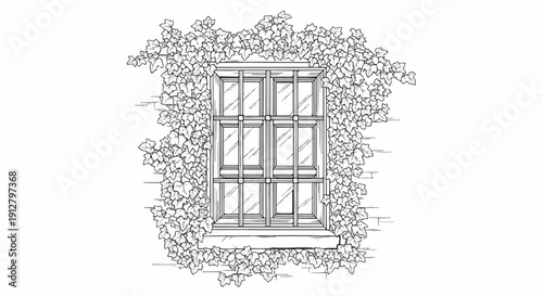 A vintage window framed by lush ivy growing on a brick wall