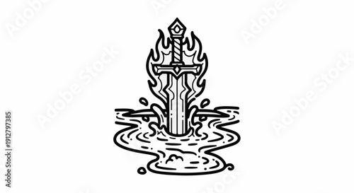 A stylized sword emerges from fiery water, depicted in black and white outline
