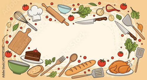 Illustrated Culinary Frame Kitchen Tools, Whisk, Fresh Produce, and Prepared Food for Recipe Backgrounds and Food Content Layouts
