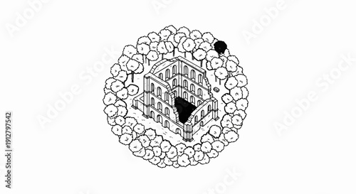 Ancient ruins surrounded by a forest