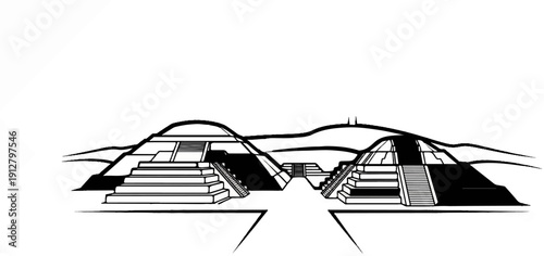 Ancient step pyramids stand majestically against a backdrop of rolling hills