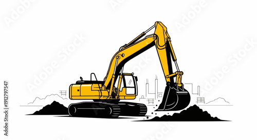 A yellow excavator works on a construction site with a city skyline in the background