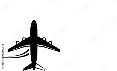 Black airplane with wings spread, flying against white background
