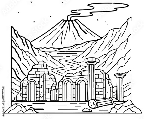 Ancient ruins with columns and arches near a volcano and river