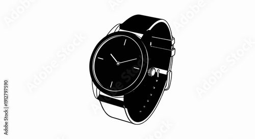 Black analog wristwatch with a minimalist black face and leather strap