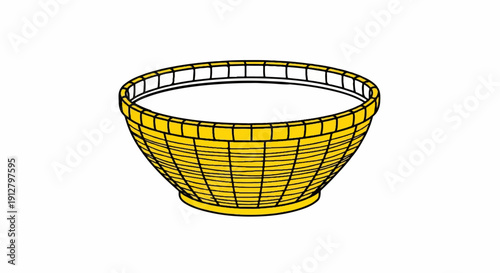 A yellow woven basket with a wide opening and a rounded base