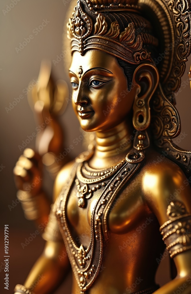 Obraz premium Golden Hindu deity sculpture, detailed brass ornament. Richly adorned figure with intricate jewelry and crown. Divine representation, spiritual decor, craft art.