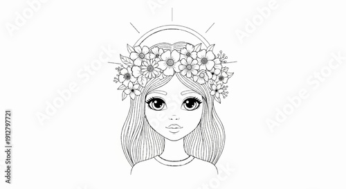A young girl with a floral crown and radiant halo