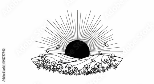 A stylized sunrise over rolling hills adorned with flowers and butterflies