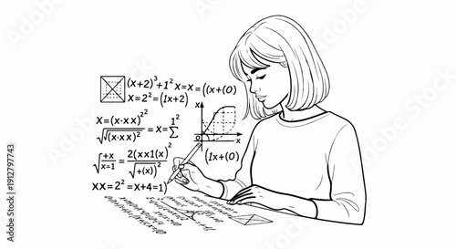 A young woman diligently solving complex mathematical equations and problems