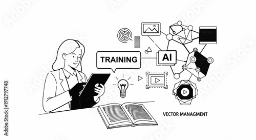 A stylized line drawing depicts a person using a tablet, with AI and training symbols around them
