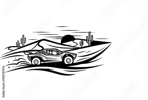 A stylized buggy races across a desert landscape under a setting sun