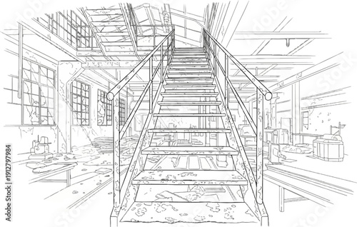 Abandoned industrial interior with a central staircase, debris on floor