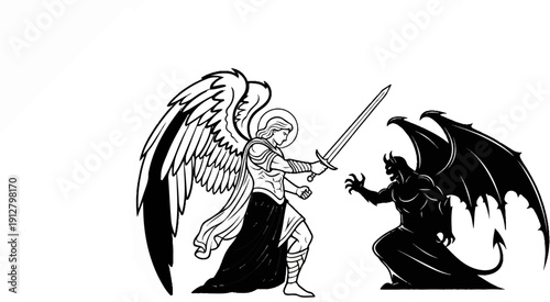 Angelic warrior with halo and sword battles a dark, winged creature