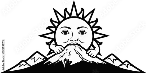 Anthropomorphic sun with face peeking over snowy mountains