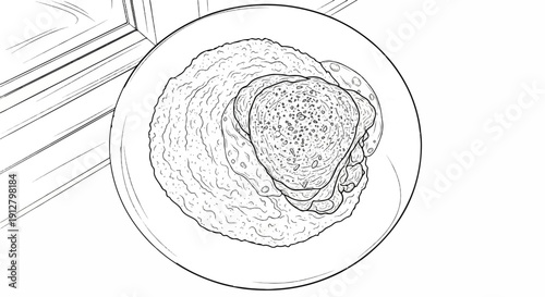 A stylized line drawing shows a bowl of porridge with toppings on a wooden surface