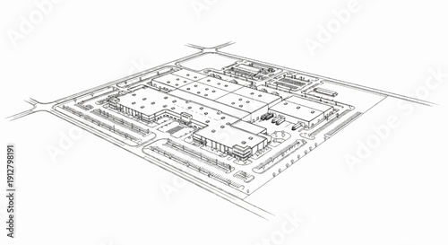 Aerial sketch of a large industrial complex with parking and loading docks