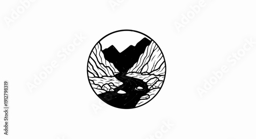 Black and white circular illustration of a river flowing through a rocky canyon