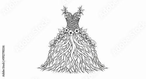 A wedding gown designed as a blooming tree with roots and flowers