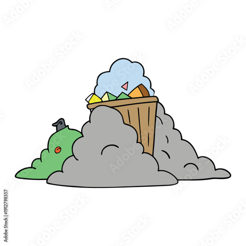 A grimy garbage dump reeks of rotting waste, with scattered trash, buzzing flies, and slimy puddles, painting a chaotic, foul, and neglected scene.
