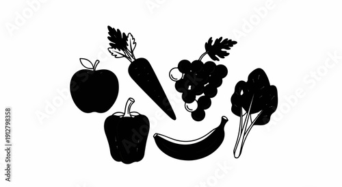 Black and white collection of fresh fruits and vegetables