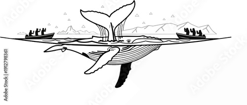 A whale surfaces near boats on a calm sea with distant mountains