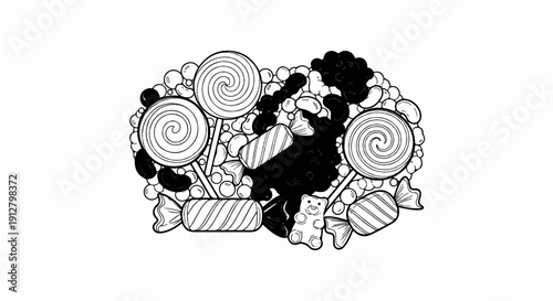 A whimsical assortment of black and white candies in various shapes and sizes