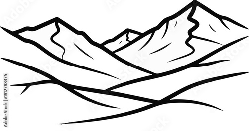 Abstract ink sketch of rolling hills leading to jagged mountain peaks