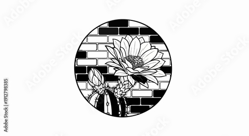 Black and white circular illustration of blooming cacti against a brick wall