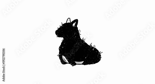 A whimsical black creature sits, its textured fur bristling outwards