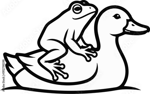 A whimsical cartoon depicts a frog riding on the back of a duck
