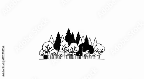 A stylized monochrome drawing of a dense forest with varying tree types and heights