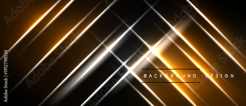 Abstract design features diagonal lines, bright gold, white illumination. Dark background creates dramatic visual effect. Modern, sleek presentation.