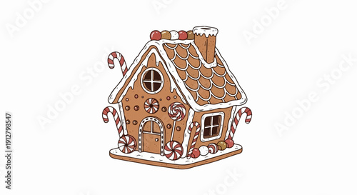 A whimsical gingerbread house adorned with festive candies and iced decorations