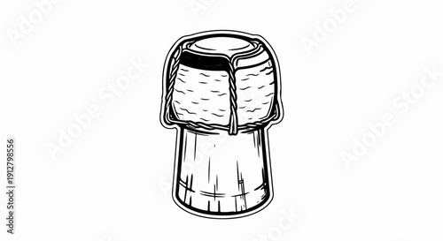 Black and white drawing of a champagne cork with wire cage