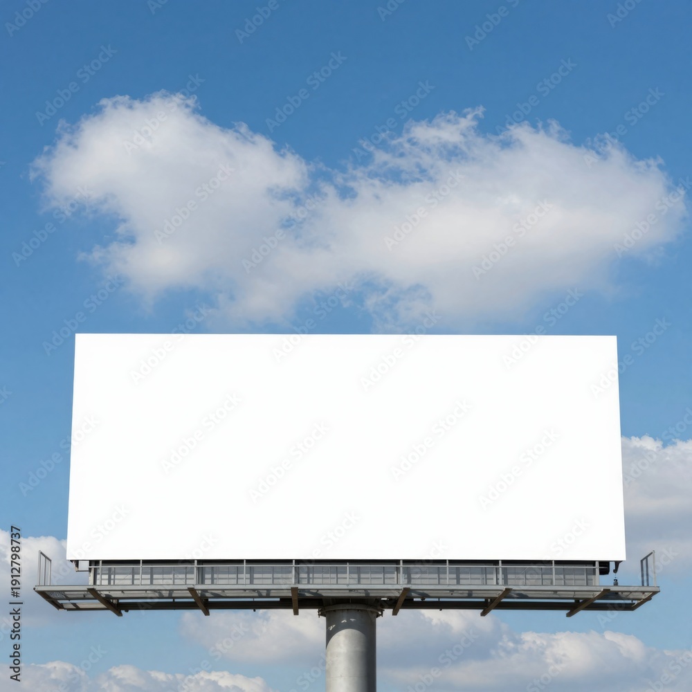 Obraz premium Billboard Advertisement Space Against a Bright Blue Sky with Clouds, Ready for Creative Content