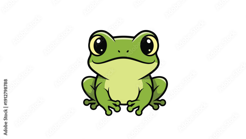 Obraz premium Adorable green frog sits calmly and looks forward with large expressive eyes in this simple and cute vector illustration.