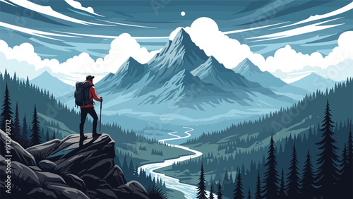 Beautiful pixel art landscape features a lonely hiker overlooking a winding river and majestic snow capped mountain peaks.