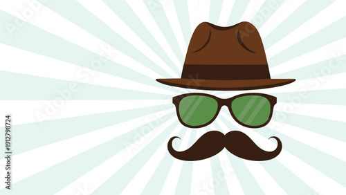 Mysterious detective character is represented by a brown fedora hat, green sunglasses, and a large stylish mustache.