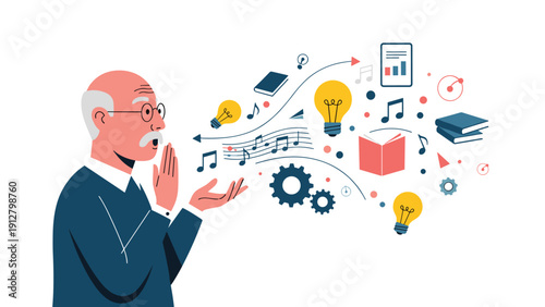 Senior man with glasses and a mustache blows a stream of creative icons like light bulbs and musical notes from his hand.