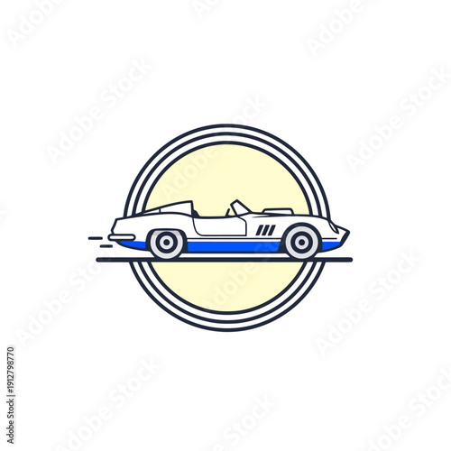 Minimalist vector of an open-top classic roadster car with blue accents in a circular frame. Elegant retro automotive design for summer cruising.