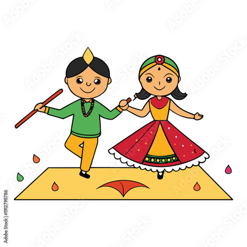 A lively couple twirls gracefully, colorful sticks clashing in rhythm, their vibrant outfits swirling as they celebrate joy and tradition with playful energy.
