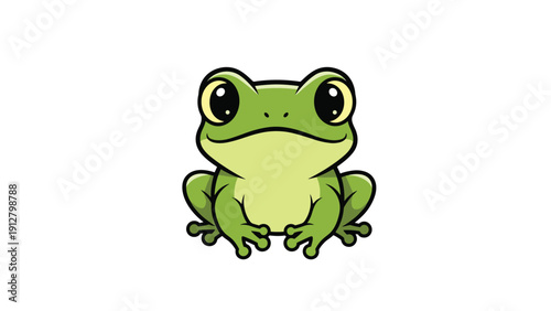 Adorable green frog sits calmly and looks forward with large expressive eyes in this simple and cute vector illustration.