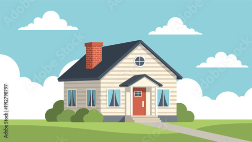 Classic suburban single family home with a red door and brick chimney standing under a bright blue sky with white clouds.