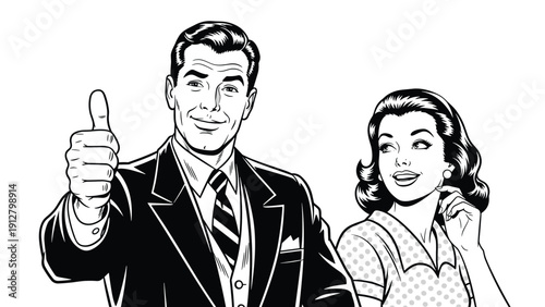 Man and woman in classic 1950s pop art style with the man giving a thumbs up gesture for approval and professional success.